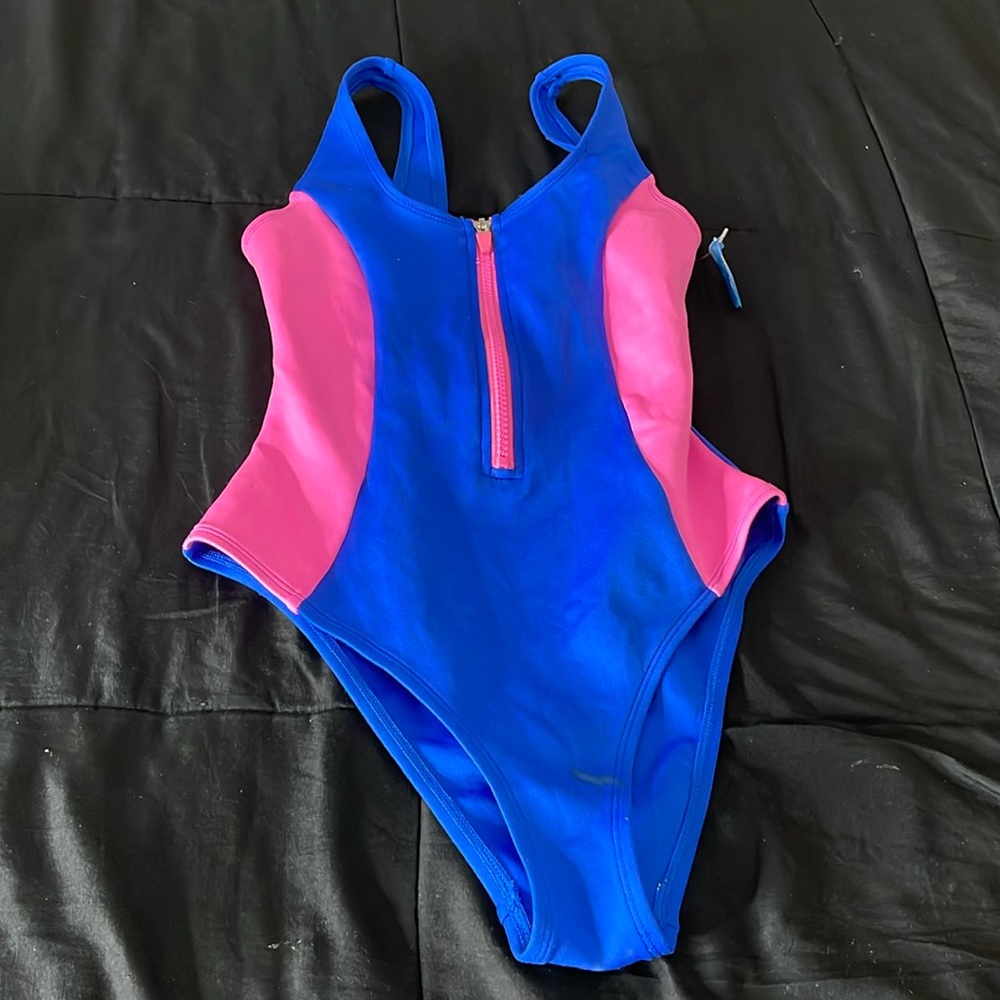 NWT Women’s S 1pc Bathing Suit Blue/Pink **REFER 2 PICS 4 GLUE STAIN** Zip Front